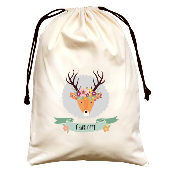 Stag with Flower Crown - Large Natural Canvas Santa Sack Thumbnail
