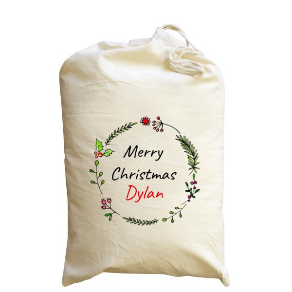 Holly Wreath - Medium Calico Santa Sack Thumbnail