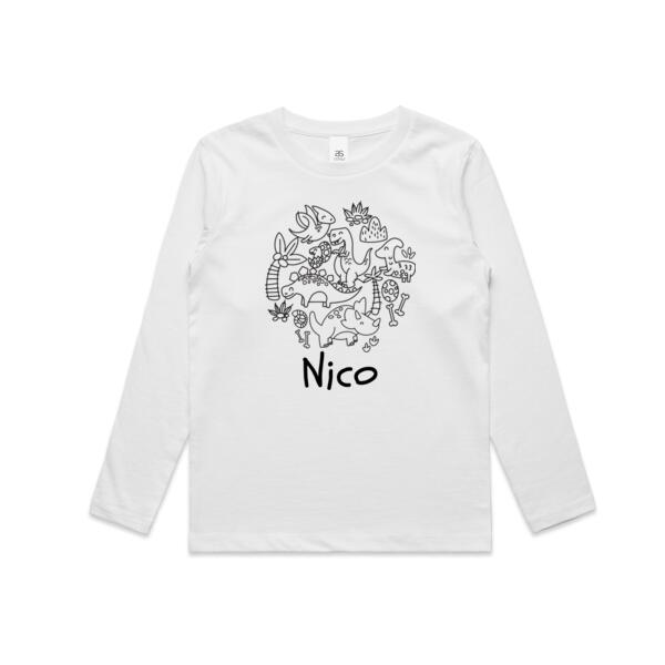 Dino Colour Me In  - Kids Longsleeve Tee Thumbnail