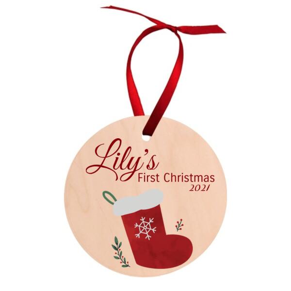 First Christmas - Stocking - Round Wood Ornament Thumbnail