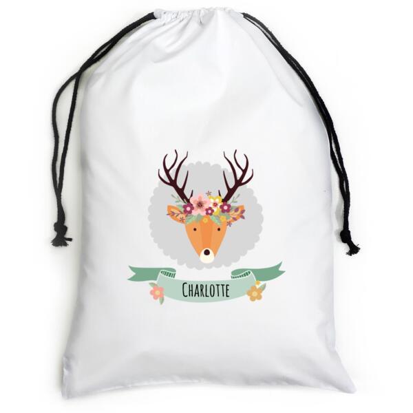 Stag with Flower Crown - Large White Canvas Santa Sack Thumbnail