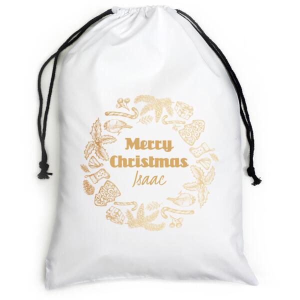 Gold Look Wreath - Large White Canvas Santa Sack Thumbnail