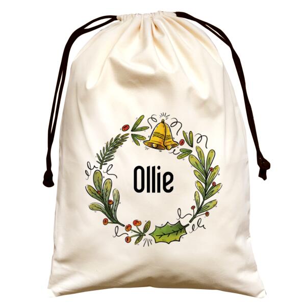 Folk Christmas Wreath - Large Natural Canvas Santa Sack Thumbnail