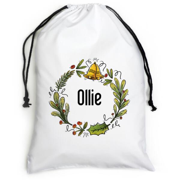 Folk Christmas Wreath - Large White Canvas Santa Sack Thumbnail