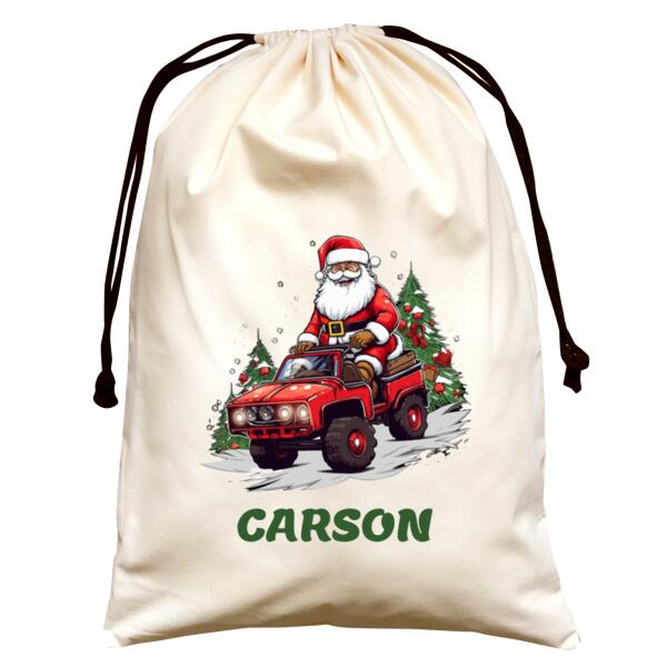Santa Riding Jeep - Large Natural Canvas Santa Sack Thumbnail