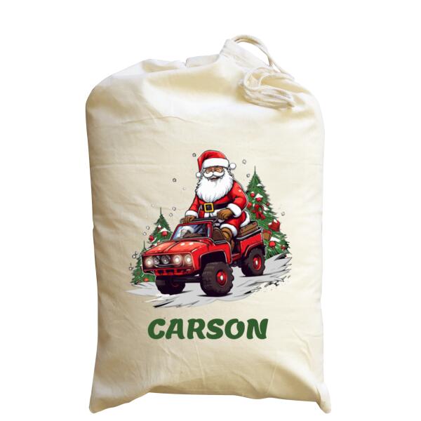 Santa Riding Jeep - Medium Calico Santa Sack Thumbnail
