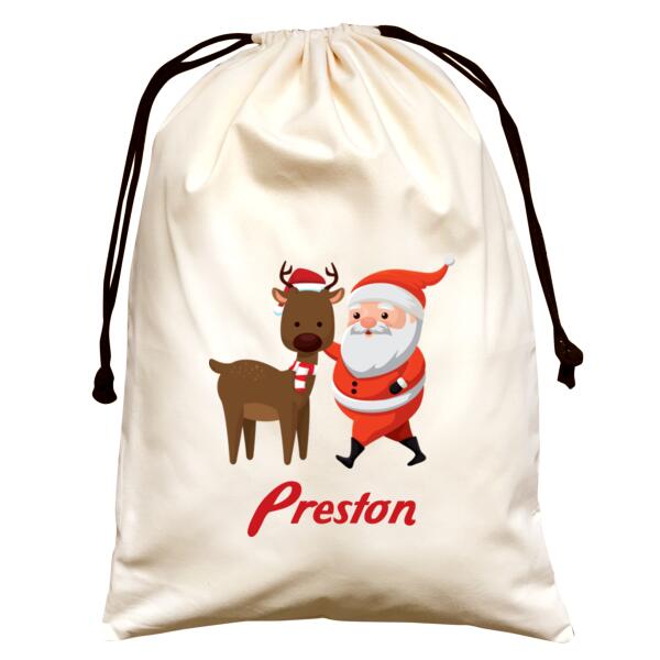 Cute Santa and reindeer - Large Natural Canvas Santa Sack Thumbnail